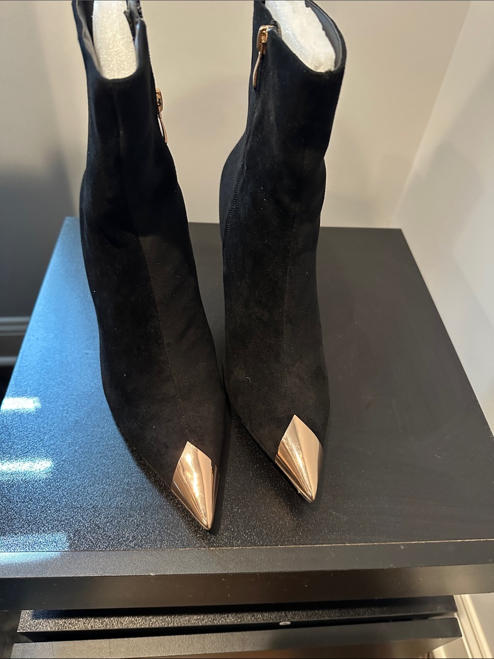 Fashion Nova Black Ankle Boots with Gold Pointed Caps